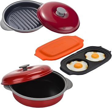 MACONEE 3-in-1 Microwave Cooking Set Grill Pan, Egg Fryer, and Frying Pan with Lid - Versatile Cookware for Grilling, Frying, and Reheating in the Microwave
