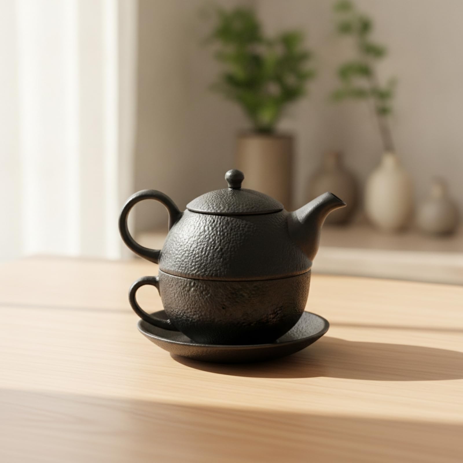 Colcolo Tetera Industrial Tetera de Hierro Fundido Jarra de Té con Asa Lateral Taza Plato Base Colador de Malla Integrado Acabado Martillado Adecuada para Oficina Hogar Regalo