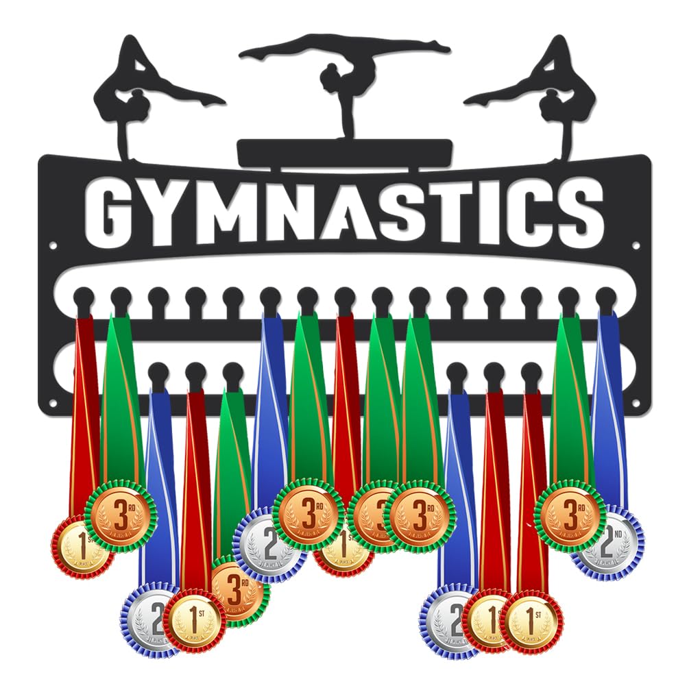 SUPERDANT Gymnastics Medal Hanger Medals Holder Display Personalised Black Award Iron Rack Gymnastic Sports Metal Wall Hangers 2 Rows with 30 Hooks Gifts for Gymnastics Girl Athletes 15.7x9.8in