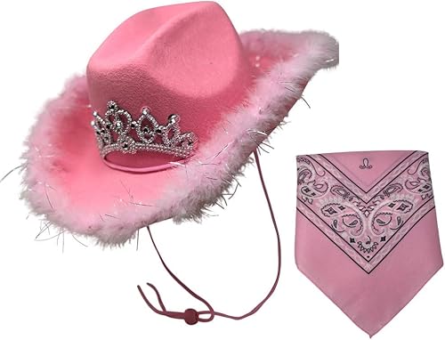 Sombrero de vaquero rosa Tiara de corona parpadeante iluminada, sombrero de vaquera rosa con plumas de boa con pañuelos de cachemira rosa claro