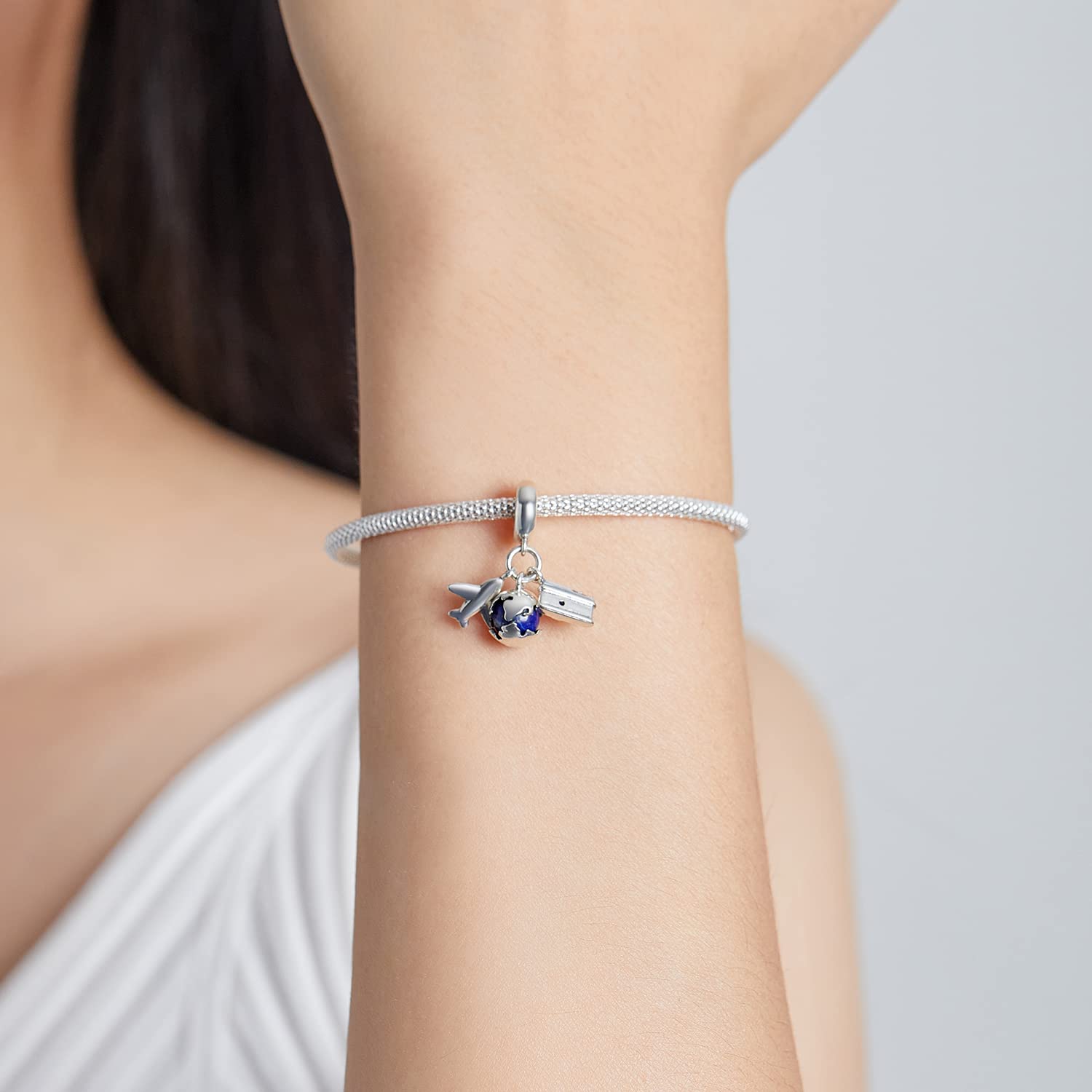 925 Sterling 3 w jednym zestawie akcesoriów samolot Miłość wisiorki Aparat Przechwytywanie życia koraliki z amuletami Kula Świata Biżuteria DIY zawieszka do bransoletki i naszyjnika