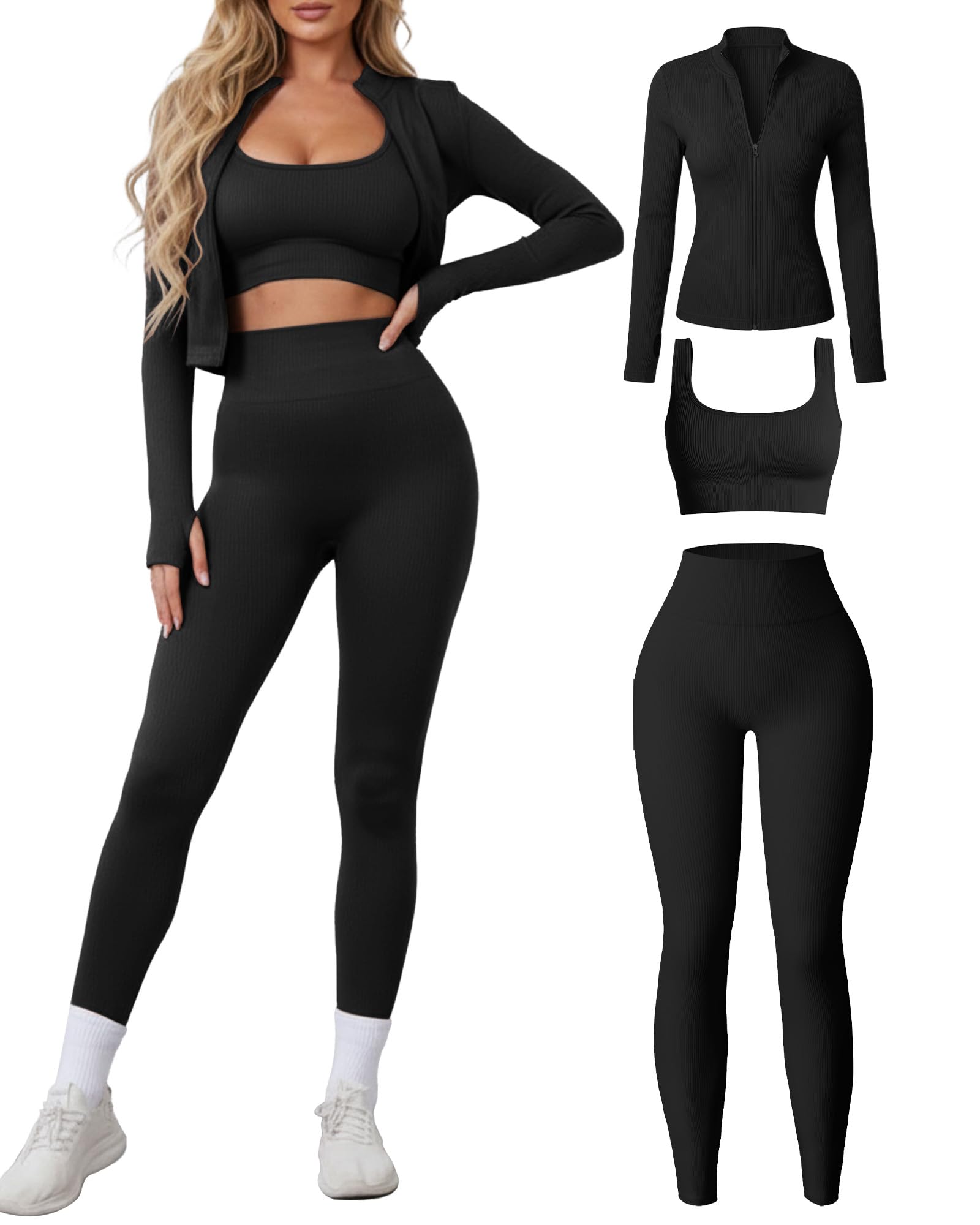 Women 3 Piece Seamless Workout Set Sports Bra High Waisted Gym Yoga Leggings Zip Up Jacket with Thumbhole