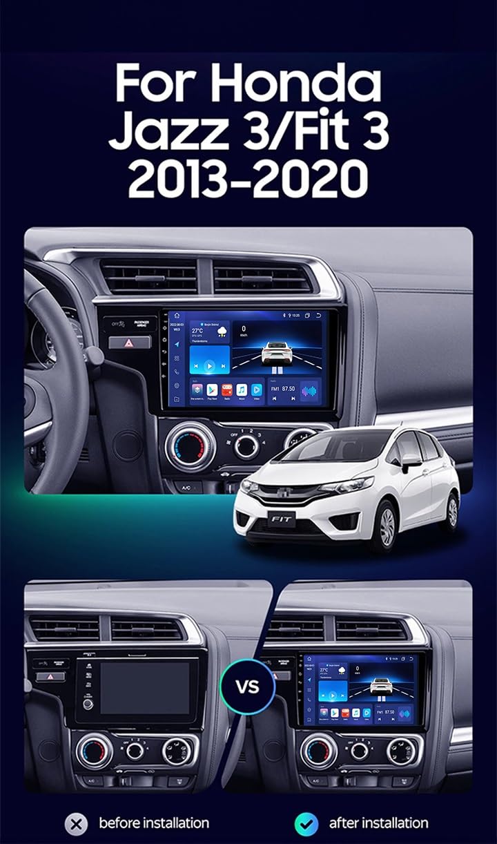 Autoradio Android per Honda Jazz 3/Fit 3 GP GK 2013-2020 Schermo Touchscreen QLED Android Auto CarPlay Musica Wireless/Bluetooth/FM/AM/WiFi/GPS/ADAS DVR/Ventola Di Raffreddamento