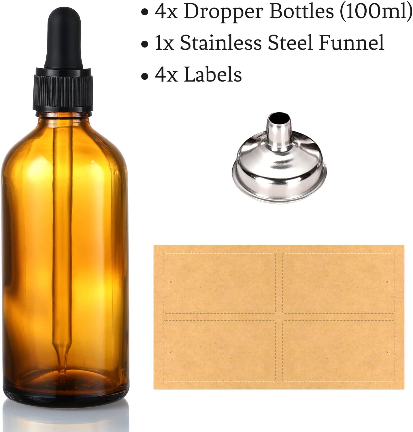 AOZITA 4 Pack, 100ml Dropper Bottles with 1 Funnel & 4 Labels - Essential Oils Bottles for Health, Personal Care & Beauty - 3.4oz Thick Dark Amber Glass Tincture Bottle with Eye Droppers, Leakproof