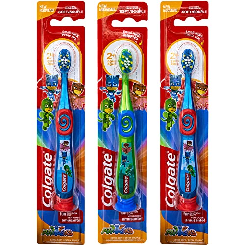 Colgate PJ Masks Toothbrush for Toddlers & Little Children with Suction Cup, Kids 2-5 Years Old, Extra - Pack of 3
