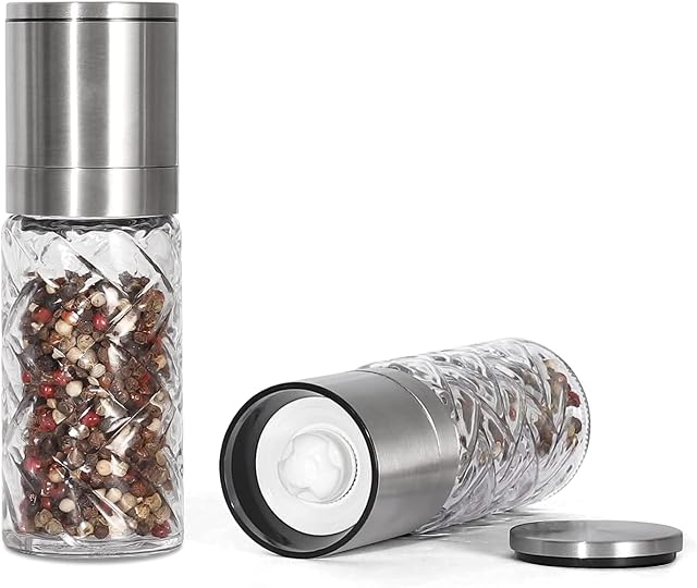 Vzaahu Salt and Pepper Grinder Shakers, 2 Set Stainless Steel, Refillable Adjustable Coarseness, with Non-Corrosive Ceramic Glass Body