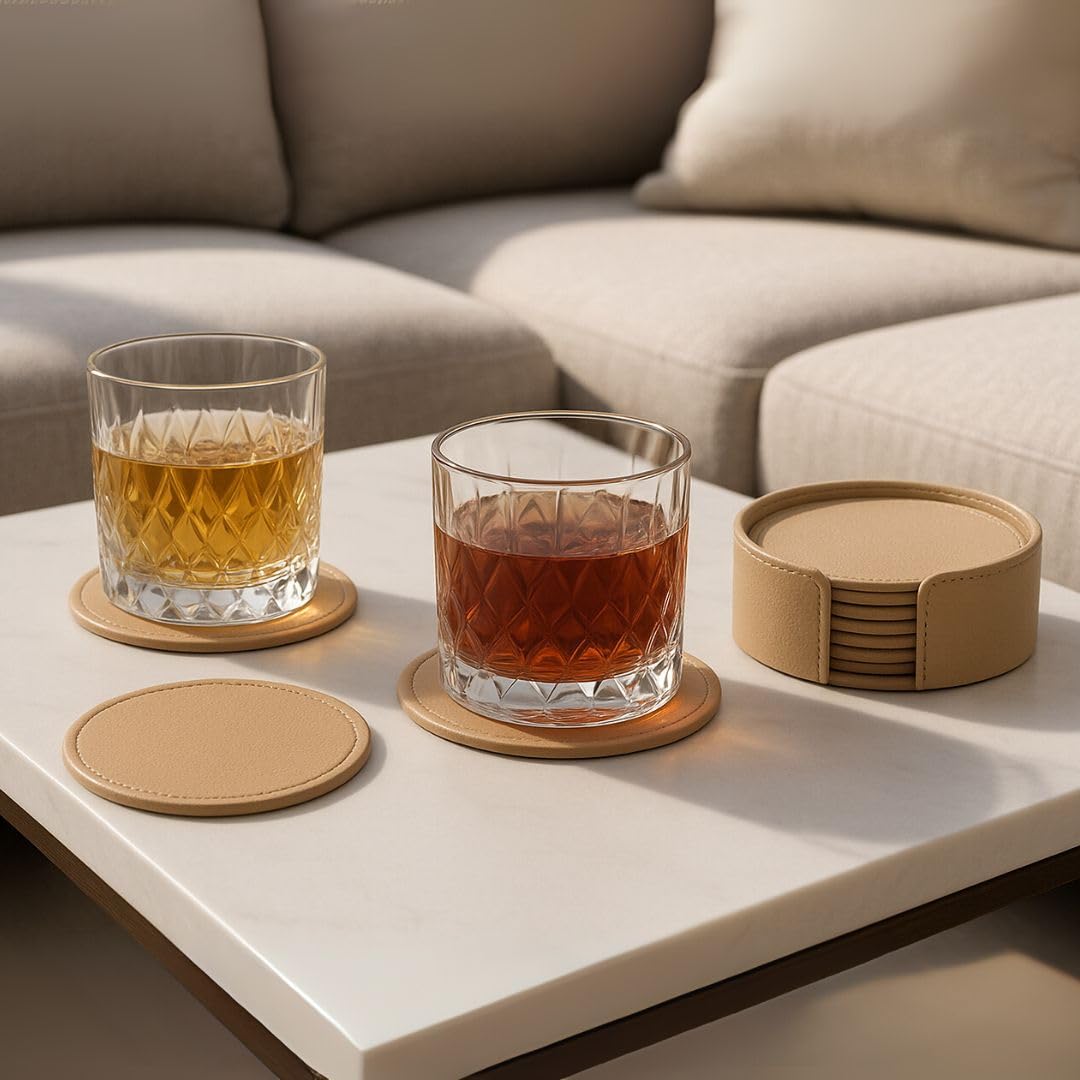 CASA BOTANICAL Leather Coasters - Tea Coaster - Dining Table Decor Accessories - Hot Pot Coasters Set of 6 - Cup Coasters for Kitchen, Dining Table, Office, Restaurant - Orange (Coater Beige)