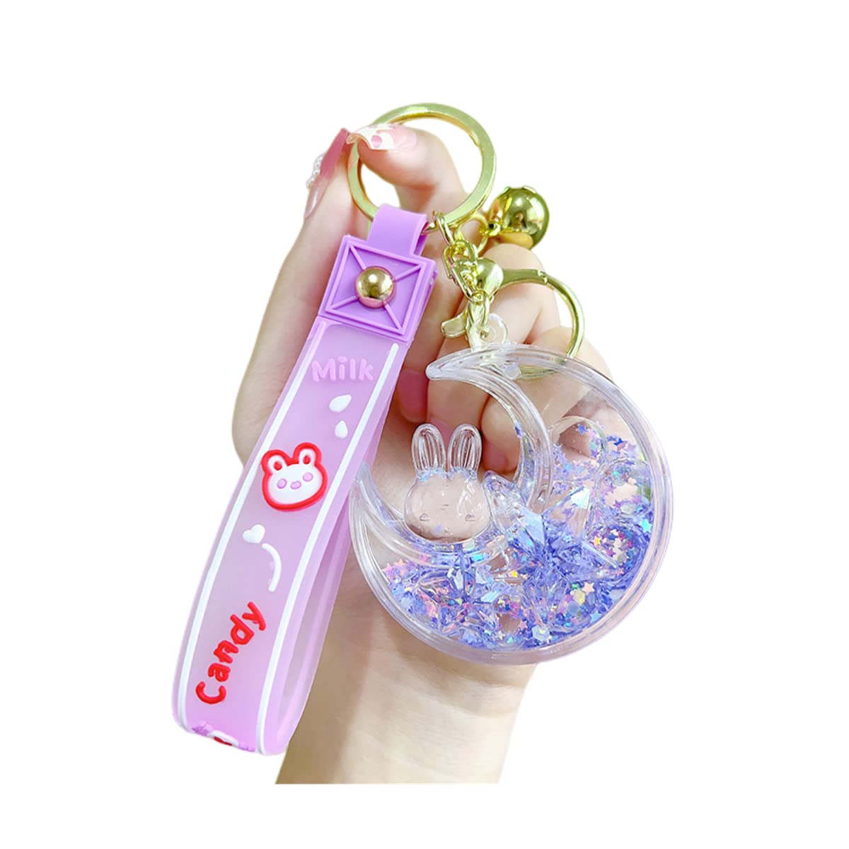 ZDHC Sleeping on Moon Rabbit Floating Moving Sand Keychain Creative Beautiful Star Quicksand Keyring Bag Pendant for Girl