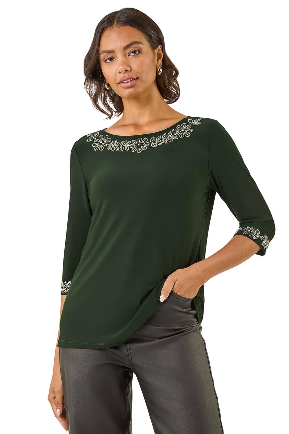 Roman Originals Women's Dark Green Embellished Neck Stretch Top For Uk - Everyday Autumn Winter Round Neckline Comfy Soft Evening Vacation Work Party Night Out - Size 18
