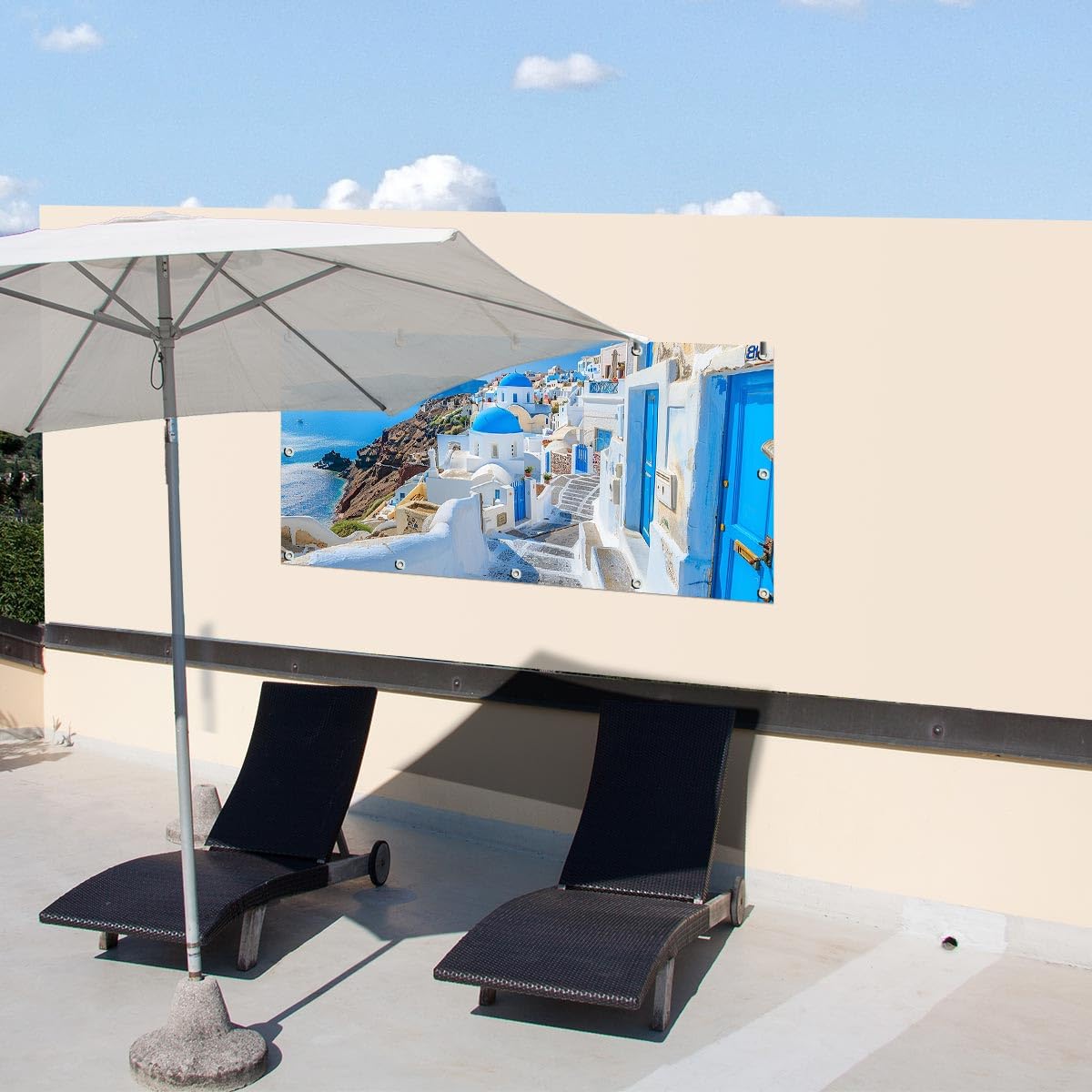 TRIOSK Sichtschutz Balkon Deko Plane Balkonblende Blickdicht mit Motiv Küstenweg Santorini Griechenland für Garten Terrasse Gartenzaun Balkonverkleidung Blickschutz PVC groß 200x100 cm