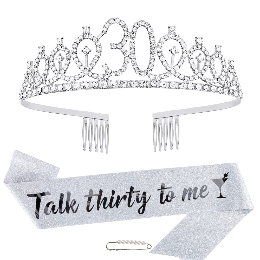 AOPRIE Birthday Crown for 30th - Silver Tiara Sash with Rhinestones - perfect for Girls & Women - Happy Birthday Accessory