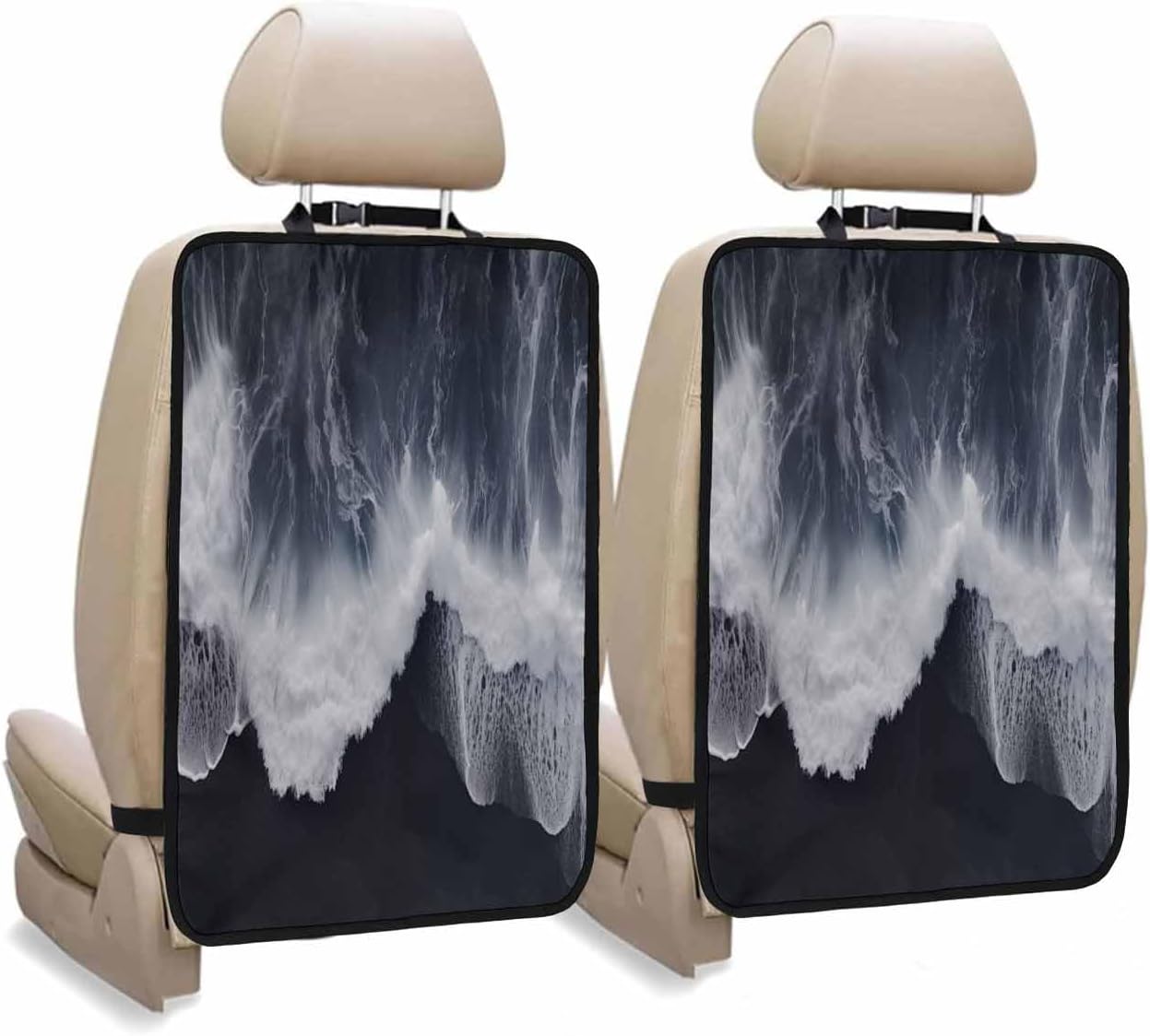 T&H XHome Car Seat Protector, 2 Pack Kick Mats with Organizer - 3 Pocket Storage, Summer Black Ocean Beach Pattern Back Seat Cover for Kids Universal Fit Automotive Interior Protectors