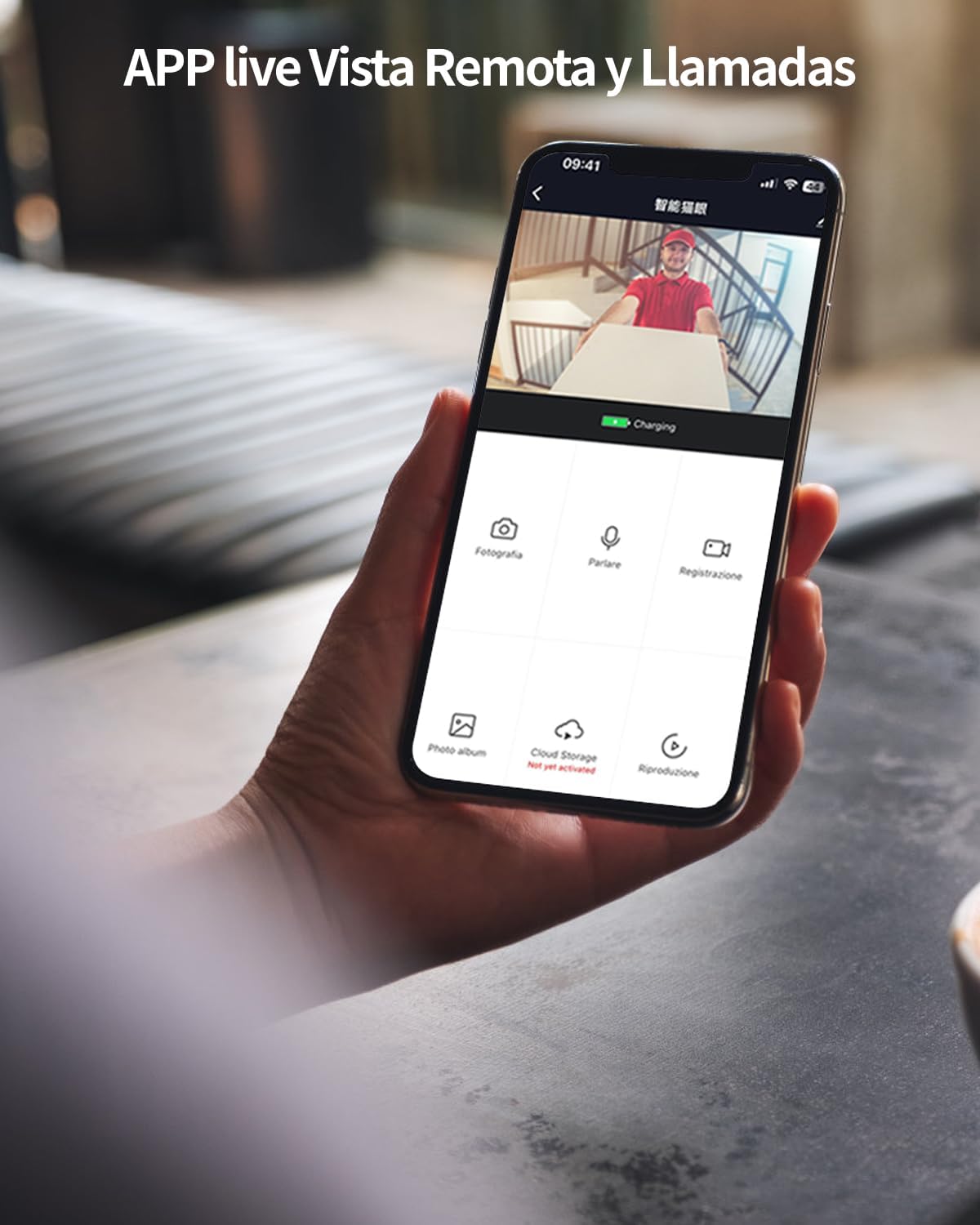 A smartphone displaying the JeaTone app interface with live video feed and control options like photography, speaking, and recording.