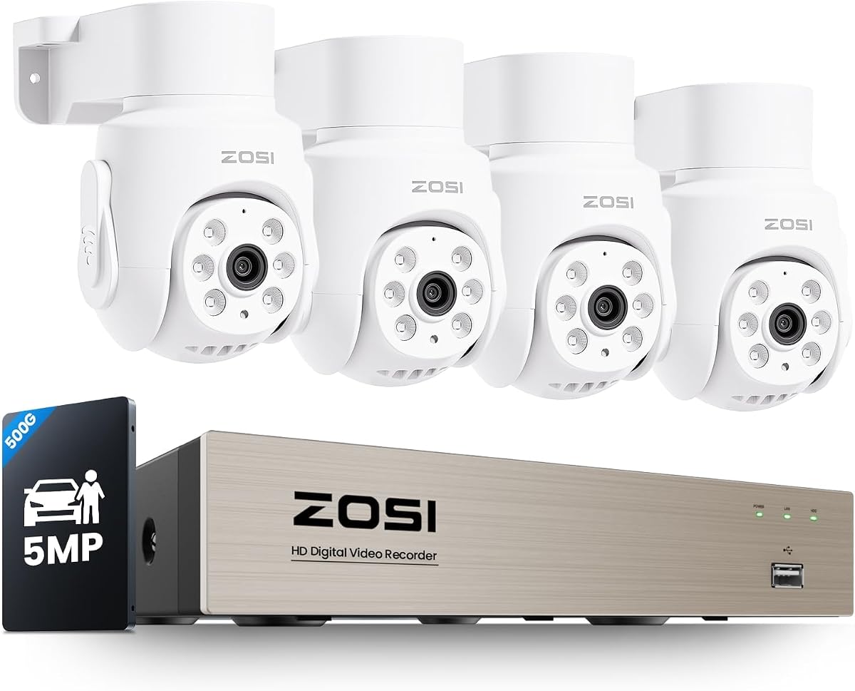 ZOSI 5MP Wired Security Camera System, 4pcs 3K Pan Tilt Cameras, 500GB HDD | AI Human/Vehicle Detection, Night Vision, 360°View, Indoor/Outdoor, H.265+ 8CH CCTV DVR for Home 24/7 Video & Audio Recording