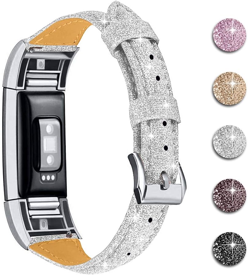 JOYOZY Leather Band Compatible with Fitbit Charge 2 Replacement Bands,Slim Classic Genuine Leather Wristband Fitness Strap Women (Glitter Silver with Silver Buckle)