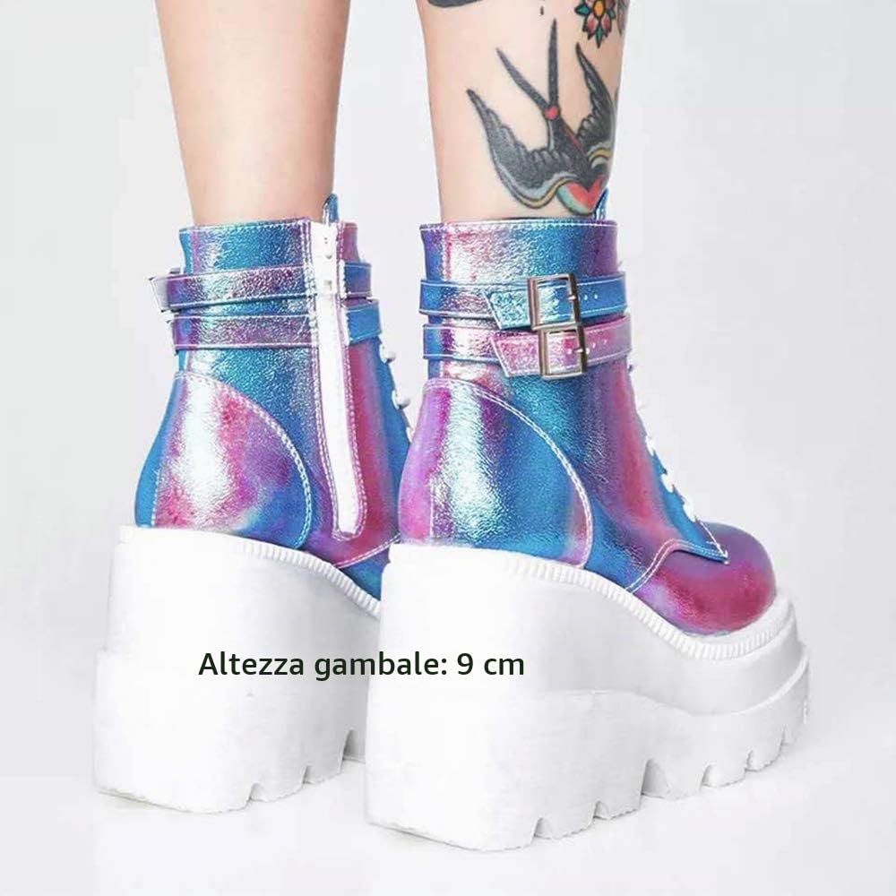 Stivaletti Donna Zeppa Alta Caviglia Stivali Plateau Tacco Alto con Stringate Cerniera Laterale Pizzo Fibbia Taglia 35-43,01,36