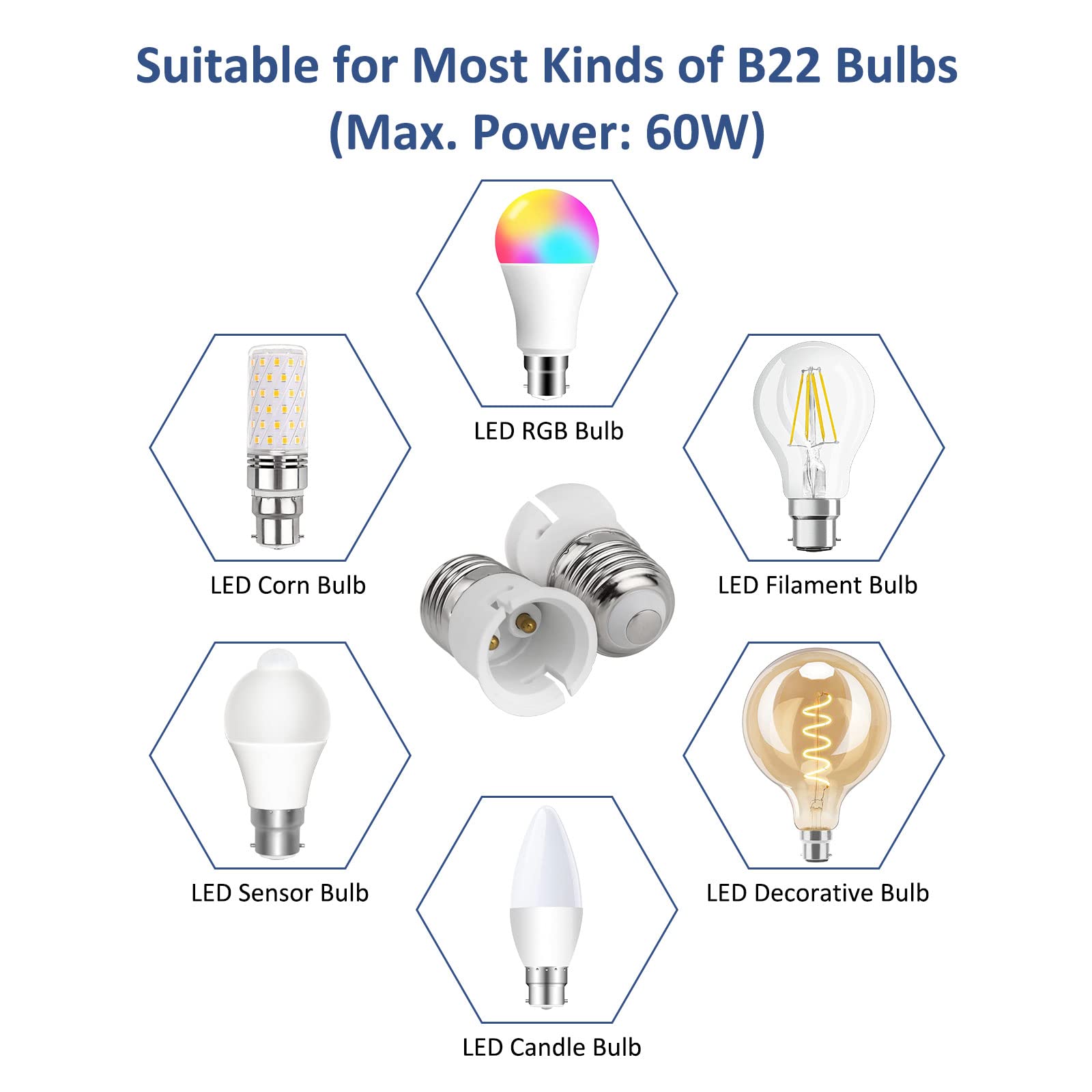 Konwerter gniazd E27 na B22, adapter gniazda żarówki śrubowej na bagnetowy, adapter podstawy lampy ES do BC, moc maksymalna 60 W, napięcie 0-250 V, do żarówek LED, żarówek, żarówek CFL, 2 szt