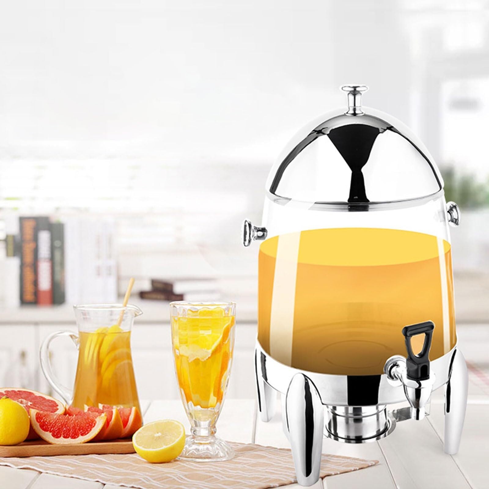 Dispensador de bebidas de 12 litros con recipiente de hielo y espiga, perfecto para café, agua, jugo y más, incluye soporte de combustible para uso en interiores y exteriores