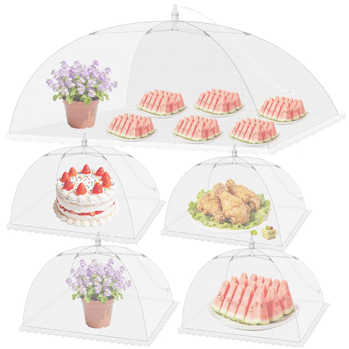 Food Cover Mesh, Large Food Net Cover Collapsible Food Mesh Pop Up Cover, Cake Cover Fruit Cover Umbrella for Dish Storage Outdoor (White-1L+4S)