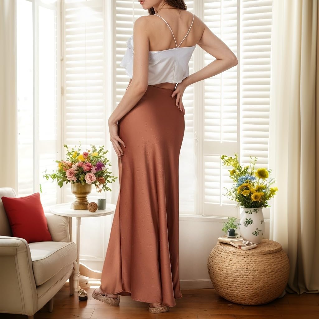 Women’s Silk Satin Skirts Long Maxi Drawstring A-Line Fall Elegant Cocktail Party Wedding Mermaid Midi Skirt - Image 5