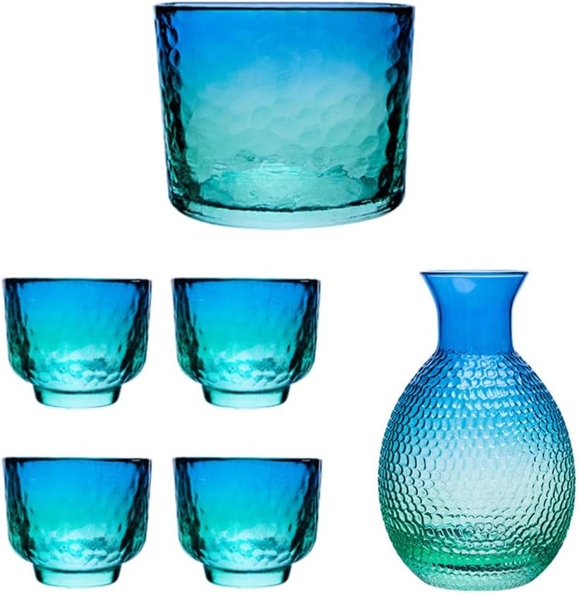 Japanese Sake Sets include 1 Sake Pot + 4 Sake Cups + 1 Bowl Tokkuri Bottle Ochoko Cups Decanter Carafe Set Glass Gifts for Saki Lover Party (blue)