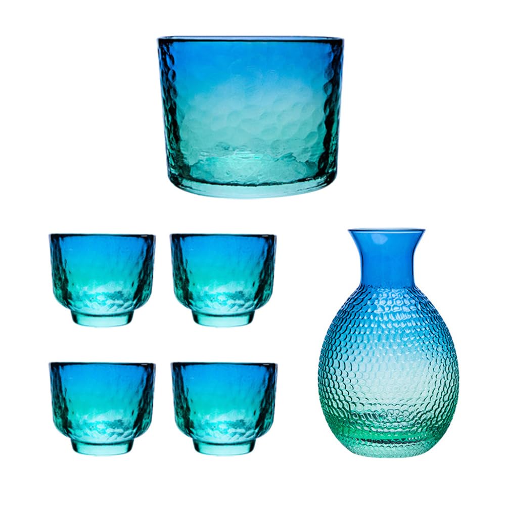 Japanese Sake Sets include 1 Sake Pot + 4 Sake Cups + 1 Bowl Tokkuri Bottle Ochoko Cups Decanter Carafe Set Glass Gifts for Saki Lover Party (blue)