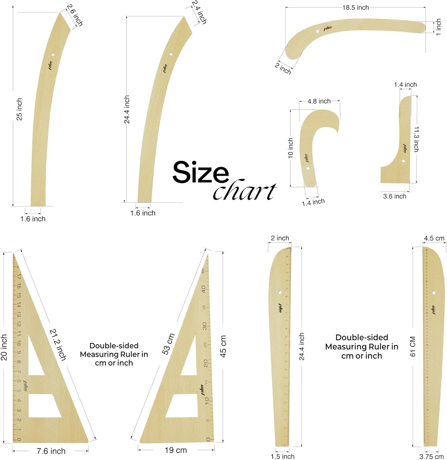 FDM 14 Piece Wooden Fashion Drawing Ruler Set: Curved & Straight Rulers, Miter Set, Special Cardboard Box