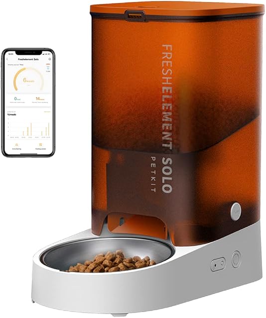 PETKIT Automatic Cat Feeder, 3L Auto Cat Food Dispenser with Stainless Steel Bowl, Anti-Clog Pet Feeder with Low Food Alarm for Cats & Dogs, WIFI Enabled, Battery Operated, FRESH ELEMENT SOLO, Orange