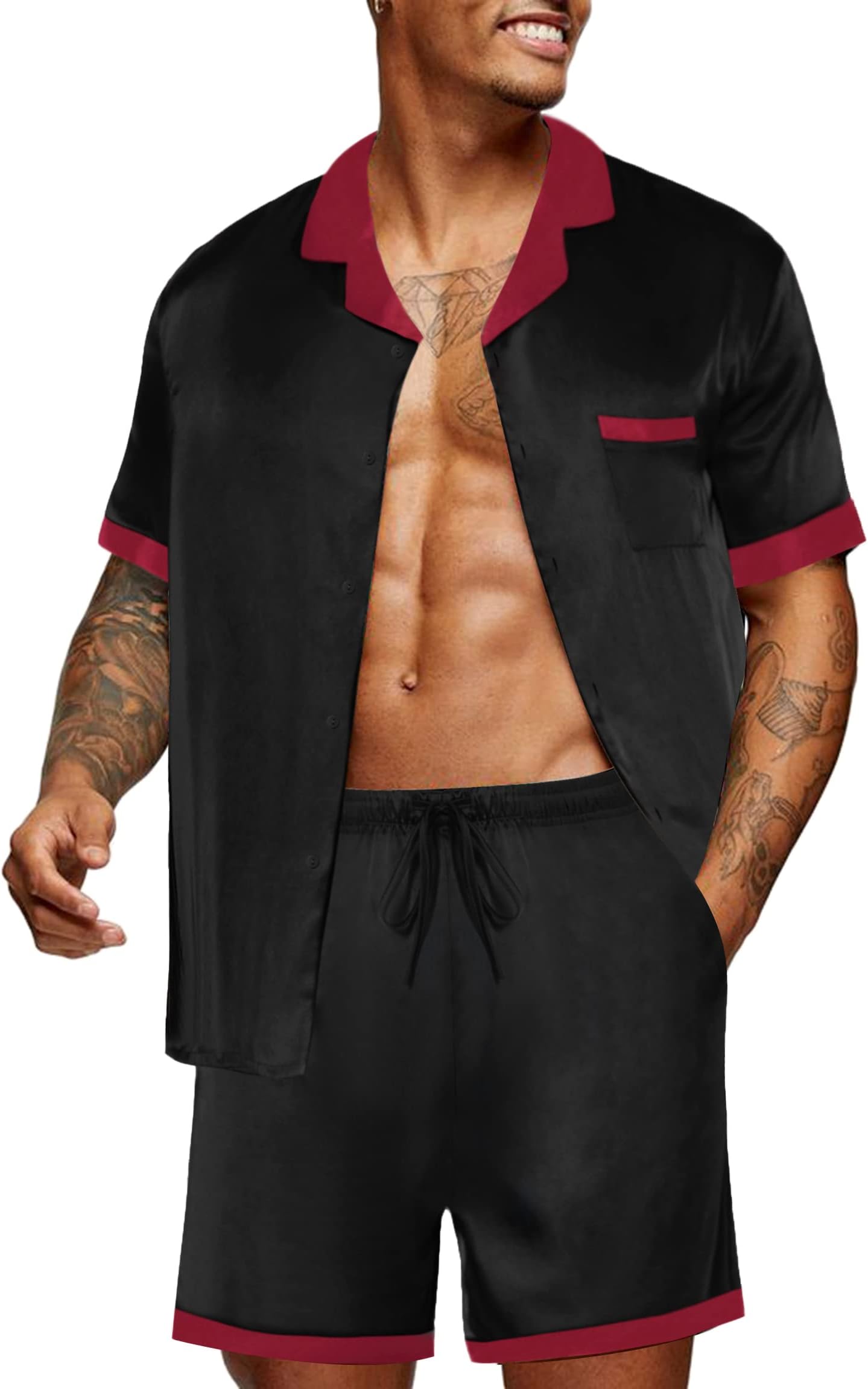 Men Silk Pajamas Set 2 Pieces Satin Pj Button Down Loungewear Sets