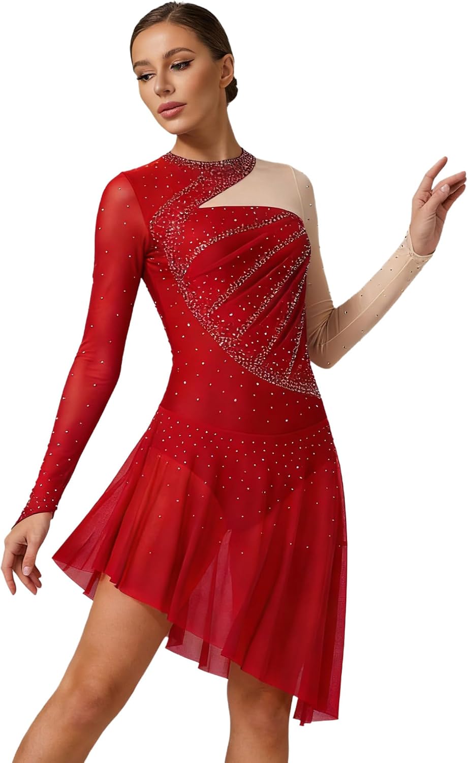 Hularka Womens Shiny Rhinestones Mesh Long Sleeve Irregular Hem Ballet Skirted Leotard Figure Ice Skating Dress