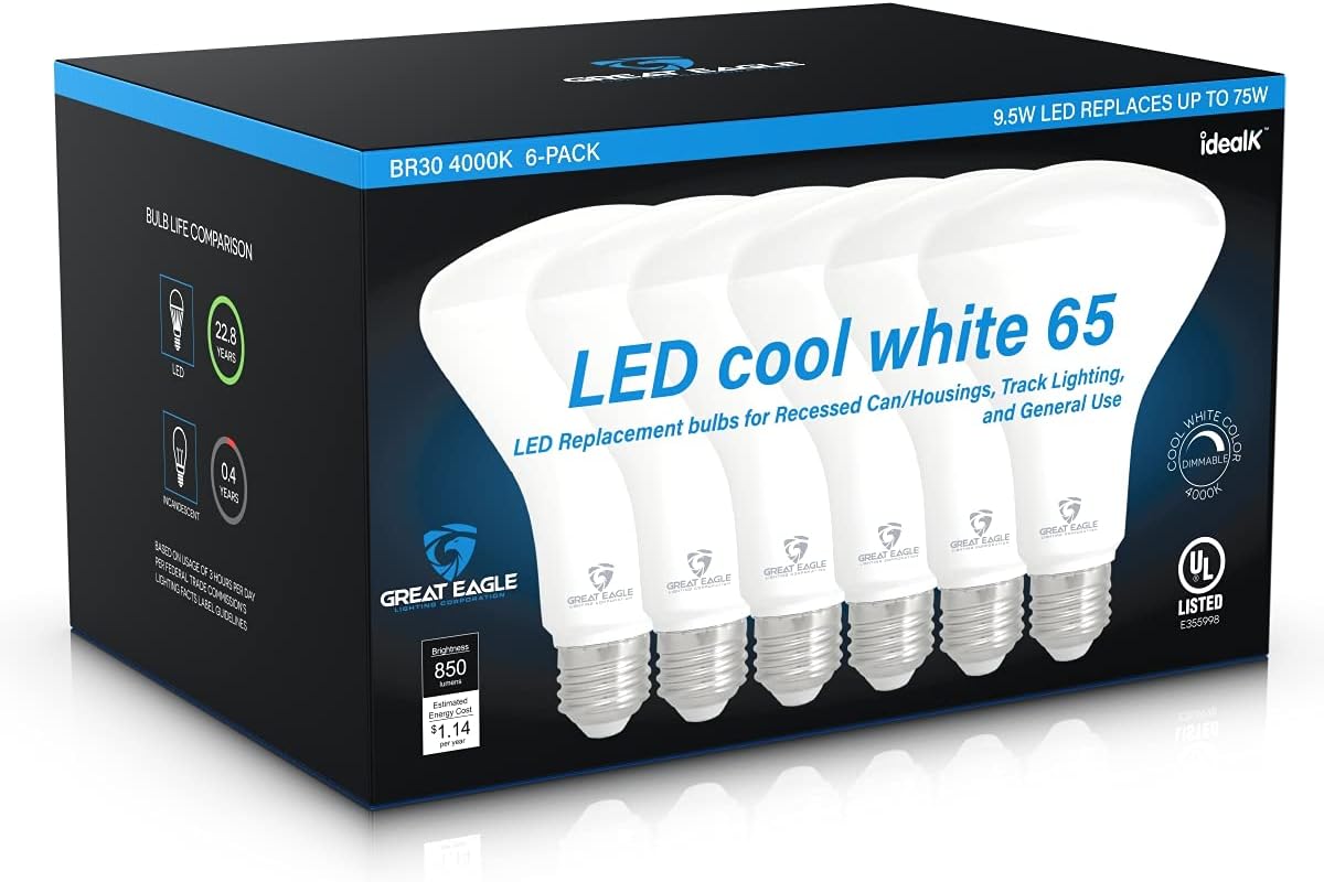 Great Eagle 6 Pack BR30 Light Bulb LED Recessed Can Light Bulbs, Indoor Flood Light Bulb 850 LM, 11W (65W Equivalent), 4000K Cool White, Dimmable, E26 Base, High CRI 90 for Home, Kitchen, Bedroom UL