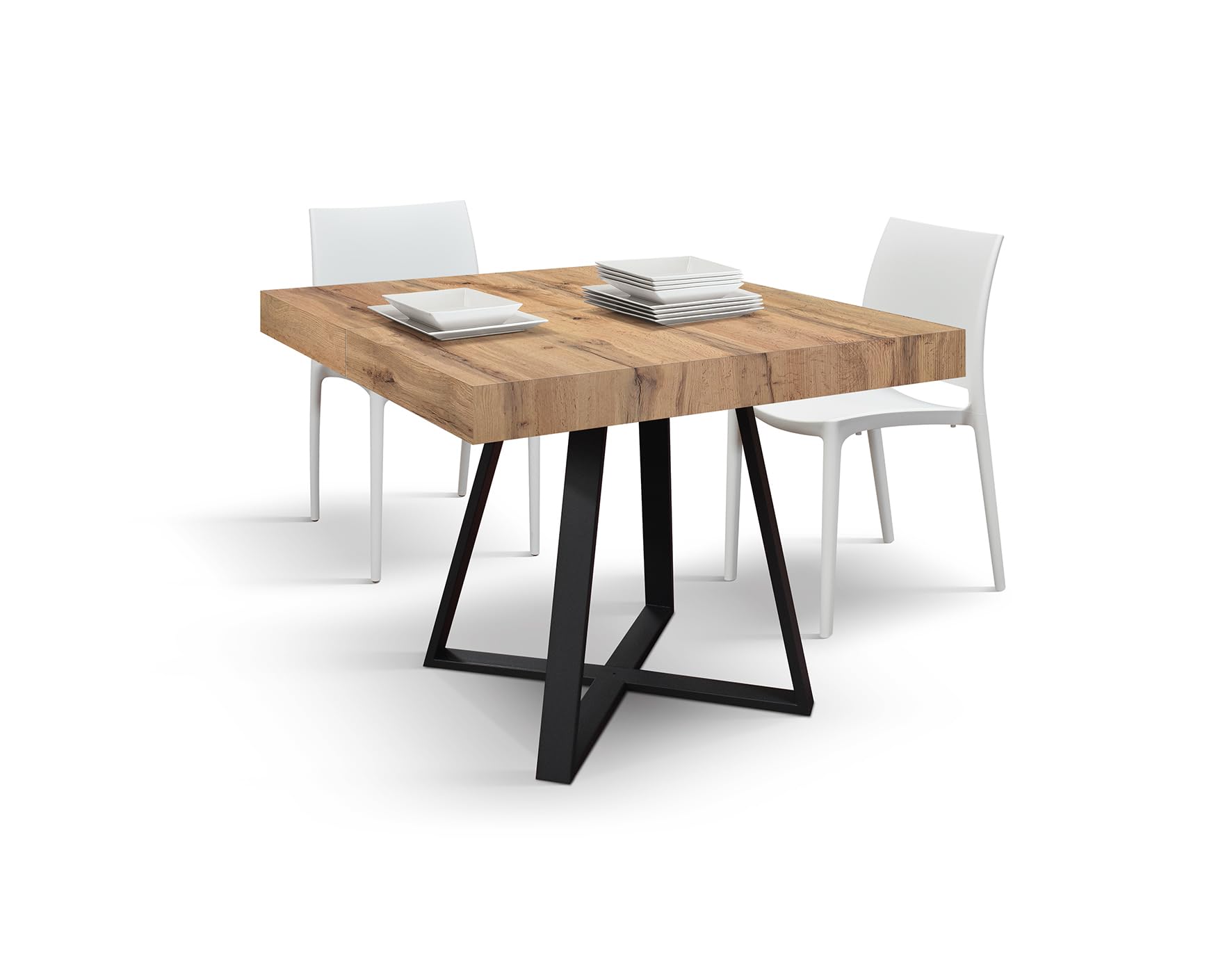 PAZZO DESIGN Table extensible marron, pieds croisés noirs, cuisine, salle à manger, extensible, chêne rustique, 95 x 90 x 75,5 cm - id_2227