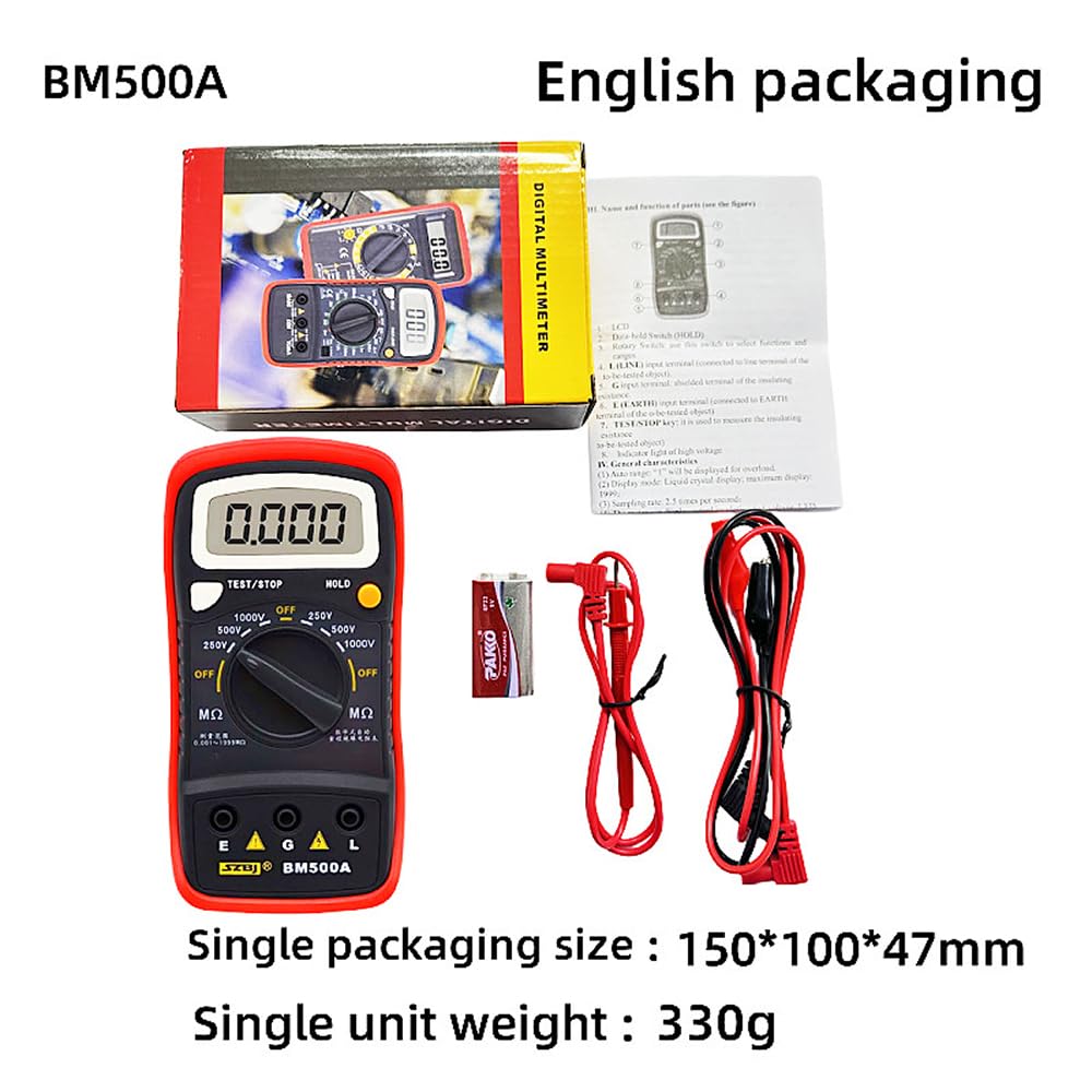 Sarini Testeur de résistance d'isolation numérique Bm500a 1000V 1999mω Résistance Écran LCD Mégaohmmètre Testeur électronique pour la Maintenance Testeur Portable