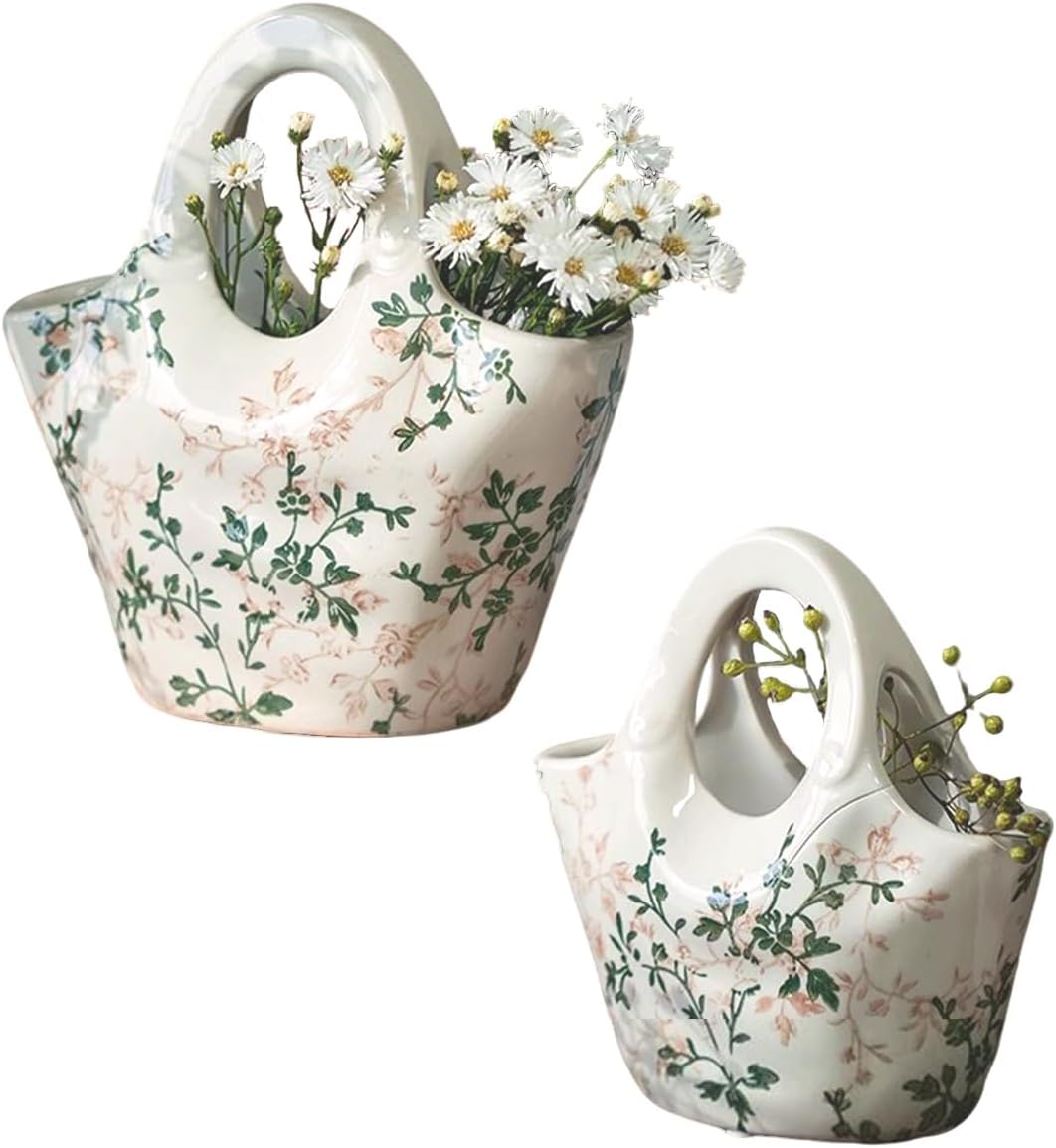 Handmade Ceramic Purse Vase for Flowers,Bag Vases with Handle,Cute Handbag Shape Flower Vases,Vintage Green and Beige Floral Vase for Home Decor Office Garden Wedding