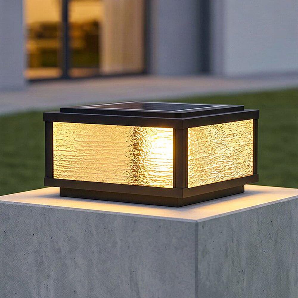Solar Post Lights Fixture For Outdoor Waterproof Remote LED Column Lamps Modern Square Solar Powered Pillar Light With Glass Anti-rust Bollard Lighting Fence Deck Lanterns For Yard Garden Pier Lamps
