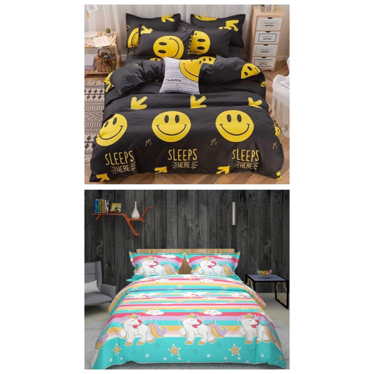 Sky Tex Super Saver Combo of 2 Kids (Smiley & Unicorn) Printed 3D 125 TC Glace Cotton Double Bed Sheet with 4 Pillow Covers (Buy These Bed Sheets Get 1 N - 95 Mask Free)-image-38