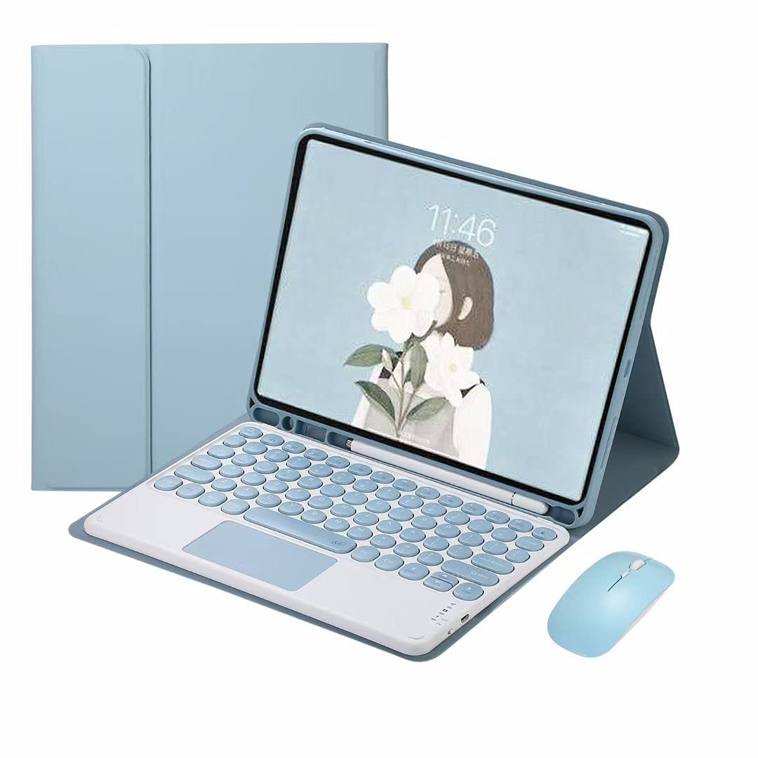 Covermax Arabic and English Keyboard Case with Mouse for iPad Air 4th Generation 10.9 Inch, Touchpad Keyboard Case Retro Round Key with Mouse Cute Color Keyboard (Blue)