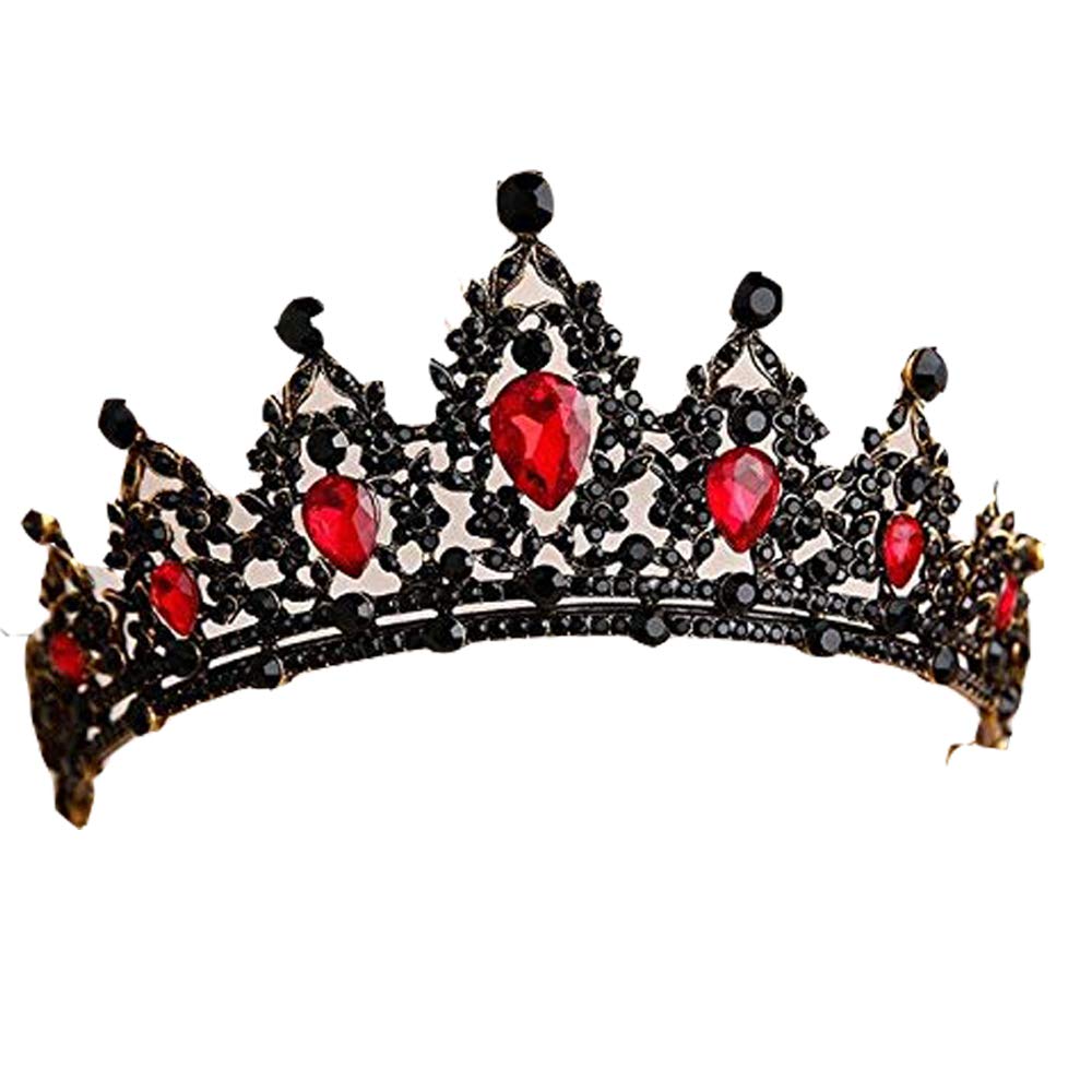 Baroque Black Red Green Crystal Heart Bridal Tiaras Crown Rhinestone Diadem Pageant Veil Tiara Headband Wedding Hair Accessories-Red