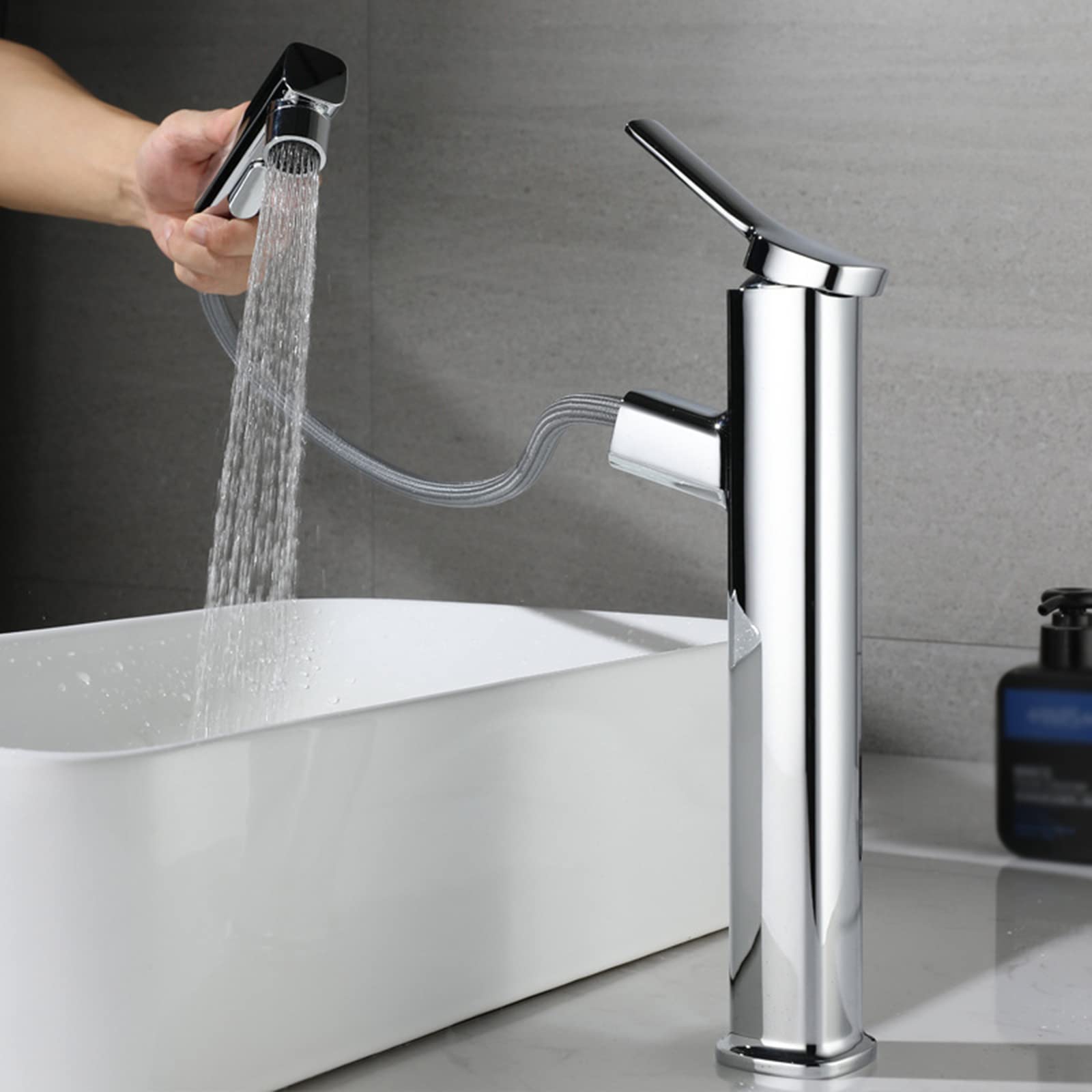 BHFPFZA Pull-Out Shower Bathroom Sink Mixer Tap 3 Spray Modes Chrome Finish Stylish Splash Guard Modern Faucet for Kitchen & Bathroom Upgrade