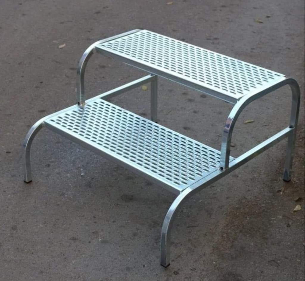 Escalón Metálico de Dos peldaños - Escalera Antideslizante de Acero Inoxidable. Accesorio Ideal para Caravanas, Mobil Homes y Casas Prefabricadas. Gris