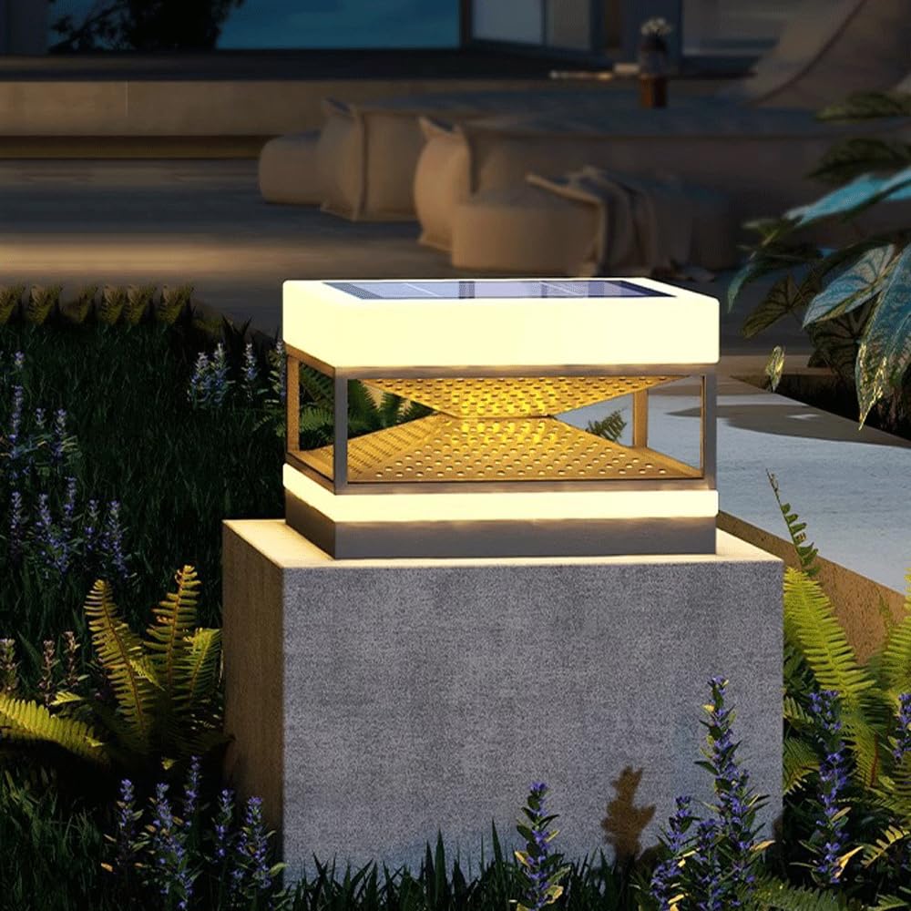 HZWJIA Stainless Steel Pillar Lamp Solar LED Fence Deck Post Cap Light Gray Outdoor Decorative Solar Pillar Lamp IP65 Waterproof Pillar Head Lamp For Yard Villa Landscape Pillar Lamp Side Length 11.8i