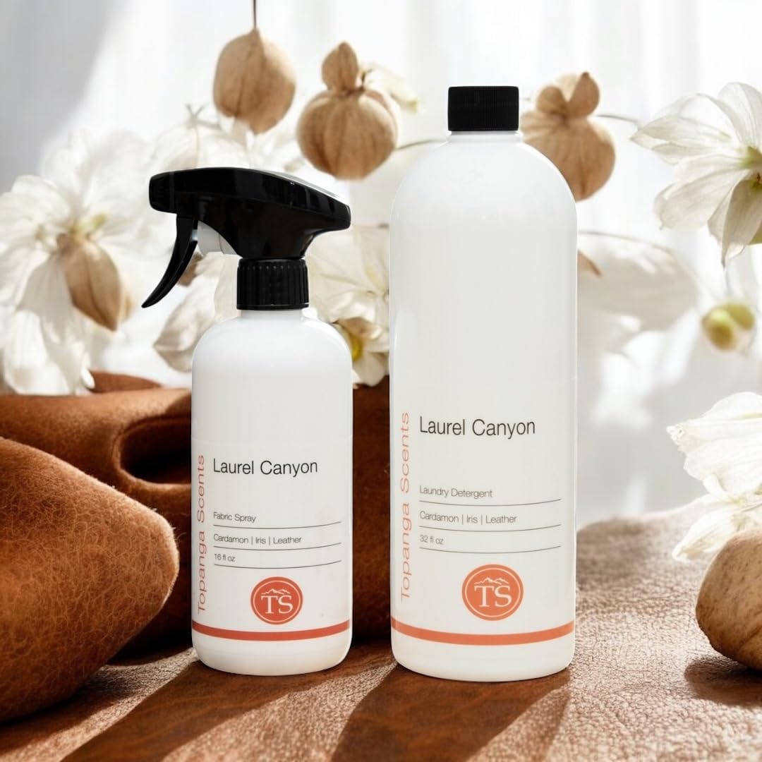 Topanga Scents Laurel Canyon Laundry Detergent 32 oz + Fabric Spray 16 oz Bundle – Cardamom, Iris & Leather Scent – Plant-Based, Sulfate-Free, Vegan & Cruelty-Free