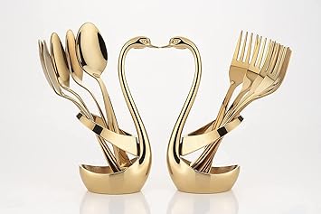 PARKET Cutlery Set Stainless Steel Gold Premium Spoon Set Luxury Dinning tabelware Gift for House Warming (6PCS Fork, 6PCS Spoon and 2 Stand)