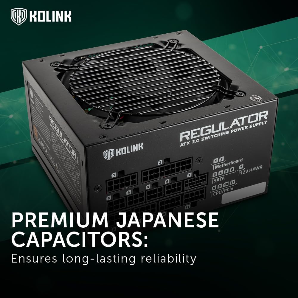 Kolink Zasilacz serii REGULATOR, 80 PLUS Gold, ATX 3.0, w pełni modułowy, PCIe 5.0, 12VHPWR, 100% Japońskie kondensatory, 140mm, 850W