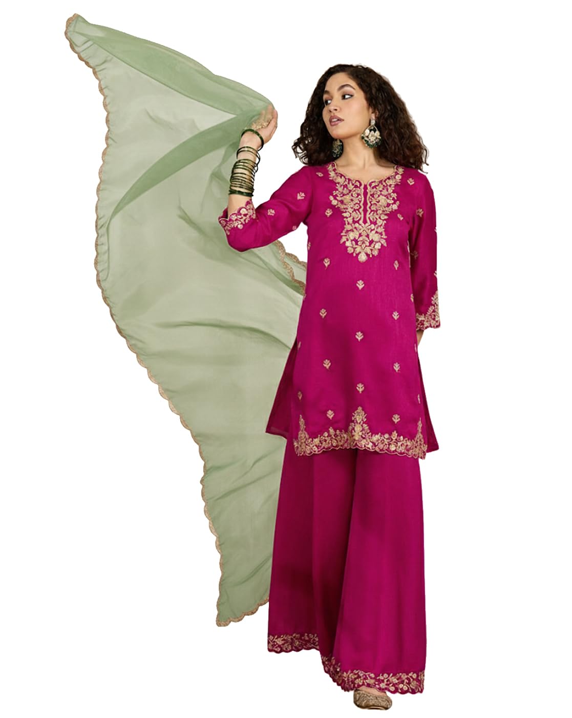 amazon brand - tavasya Kurta Set for Women Rani Pink Vichitra Silk Zari Sequence Cording Embroidered Kurta with Pant and Dupatta for Wear Elegant Ethnic Ensemble (TSHEKS10268_VRST_M)-picture-19