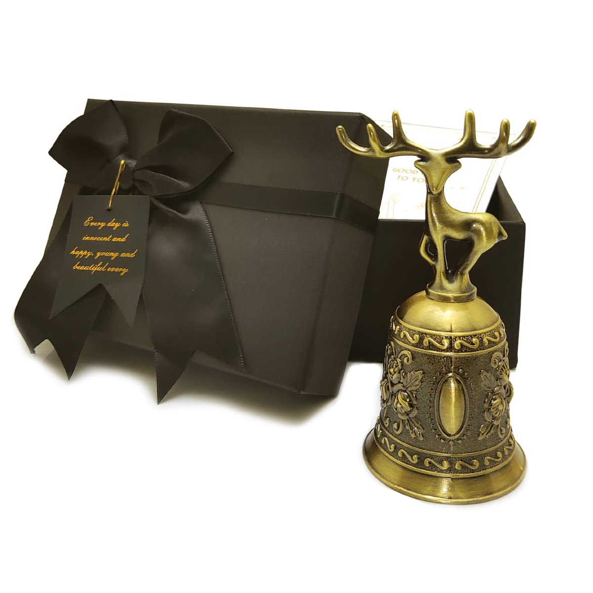HometuDecorative Deer Shape Hand Bell with Gift Box & Greeting Card, Metal Deer Handle Call Bell, Alarm, Jingles for Wedding Events Decoration (Bronze), 120x63x50mm