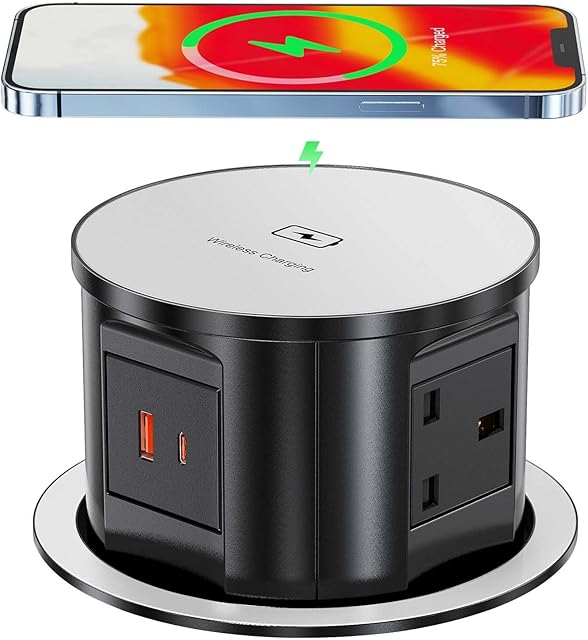 Automatic Pop Up Socket for Kitchen Worktops, Power Socket with USB C 15W Wireless Charging, Hidden Retractable Recessed Power Strip for Office and Home, 4 UK Plug Socket, USB C + USB A, 13A/3250W