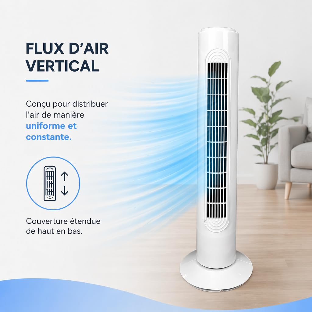 GROWMANIA.ES Ventilateur Colonne 45 W Blanc | Ventilateur Tour Silencieux | 3 Vitesses | Oscillation Automatique | Design Compact | Faible Consommation | Idéal Chambre, Salon et Bureau