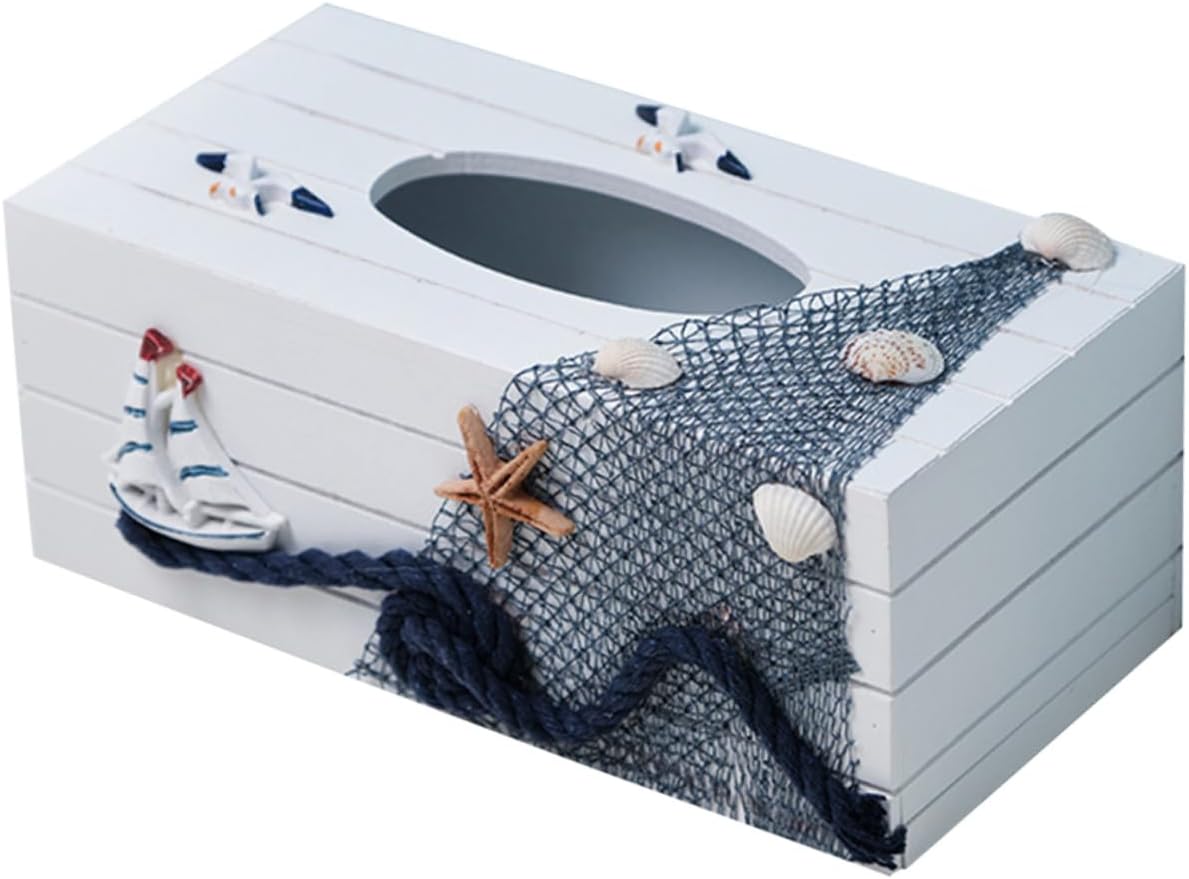 SUPVOX Wooden Tissue Box Cover Nautical Rectangular Tissue Holder Mediterranean Decor for Coastal Bathroom and Home Tabletop –