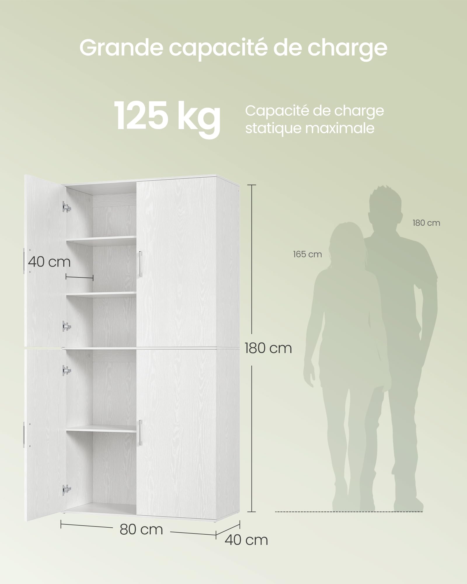 VASAGLE Placard Multifonction 4 Portes, 5 Niveaux, Caisson de Bureau, Meuble de Rangement, Armoire, avec Poignées, en Panneaux d’Aggloméré, 80 x 40 x 180 cm, Blanc Neige OFC083WE01